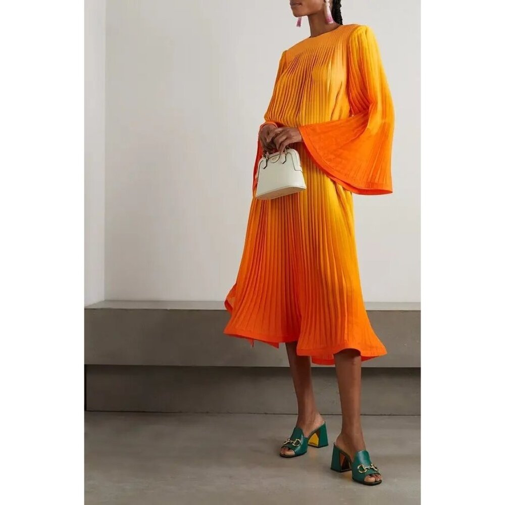 ROWEN ROSE Belted Ruffled Pleated Degrade Georgette Midi Dress Orange Sz 34 US 0